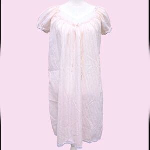 Vintage 80s Miss Elaine Nightgown Pink Stripe Lace Union Made USA Puff Sleeve S